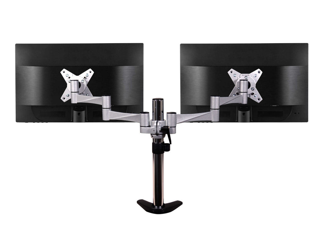 QualGear 3-Way Articulating Dual Monitor Desk Mount – 13-32", Silver