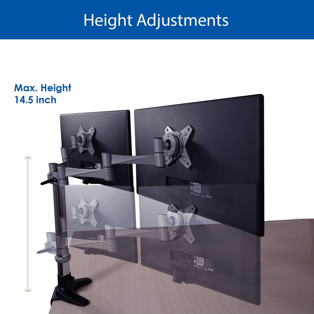 QualGear 3-Way Articulating Dual Monitor Desk Mount – 13-32", Silver