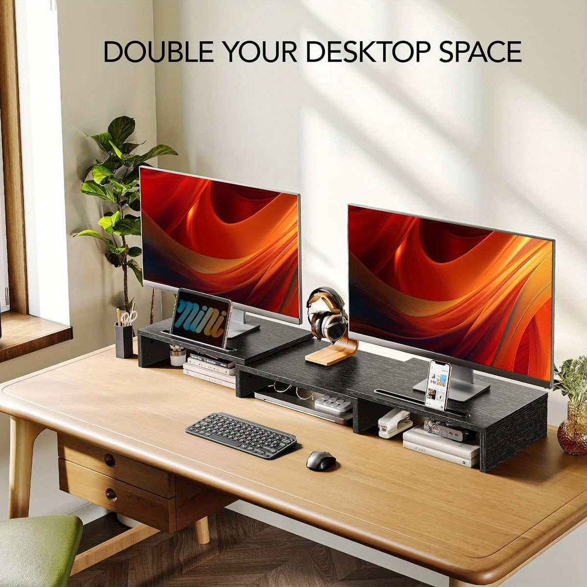 Dual Monitor Stand Riser – Adjustable Desktop Organizer for PC, Laptop & Printer