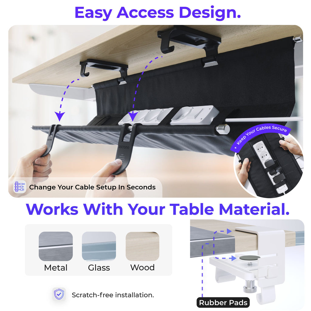 Ascrono® CableCare Cable Management Tray – Under Desk Organizer
