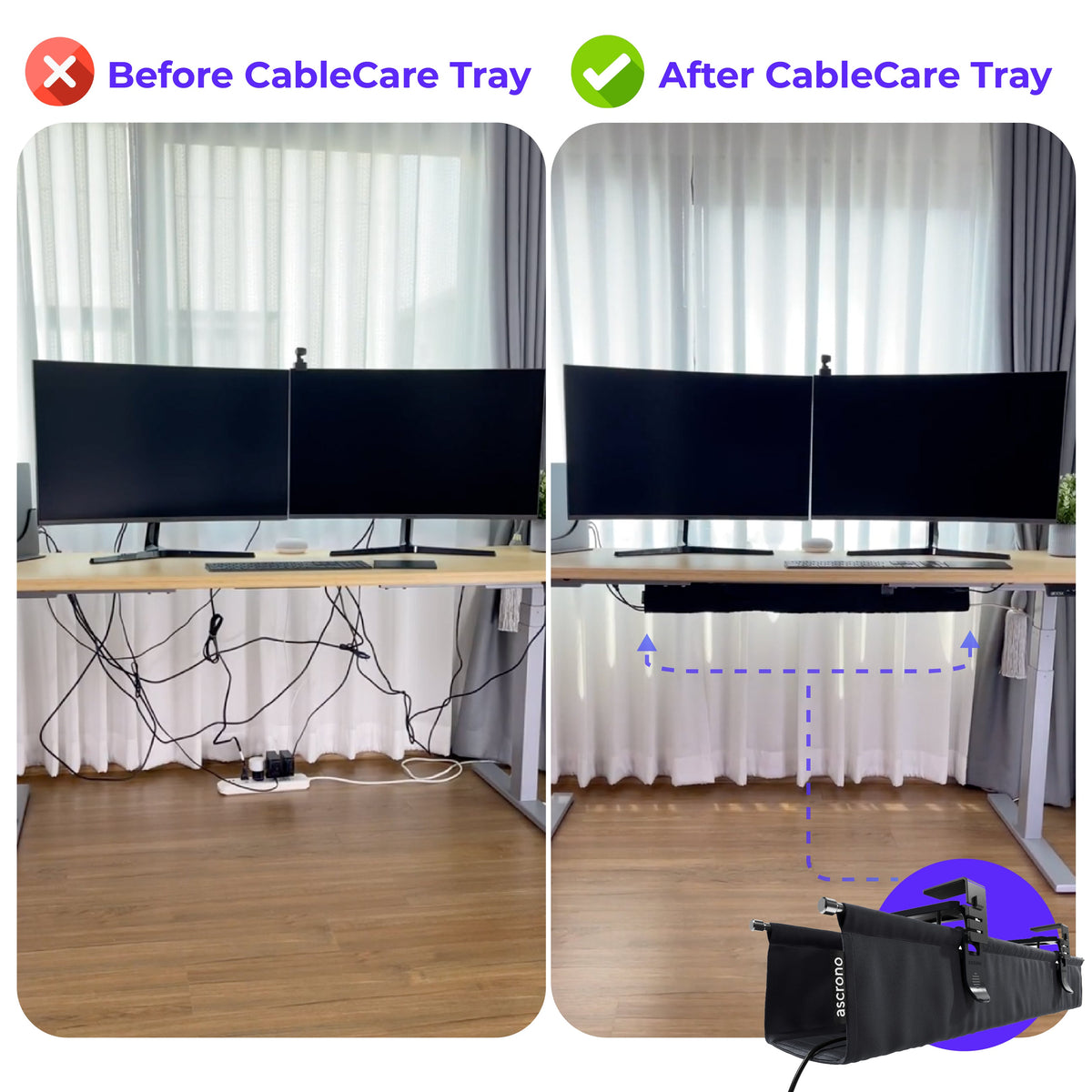 Ascrono® CableCare Cable Management Tray – Under Desk Organizer