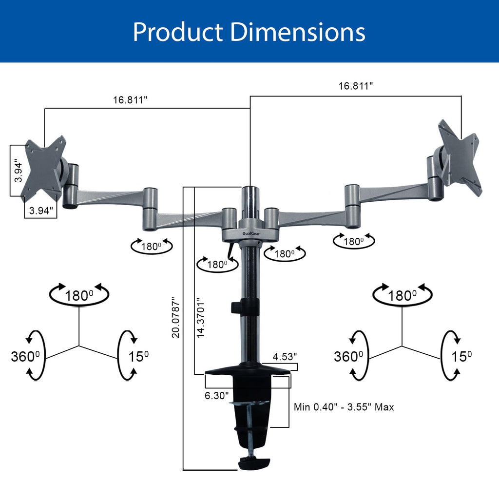 QualGear 3-Way Articulating Dual Monitor Desk Mount – 13-32", Silver