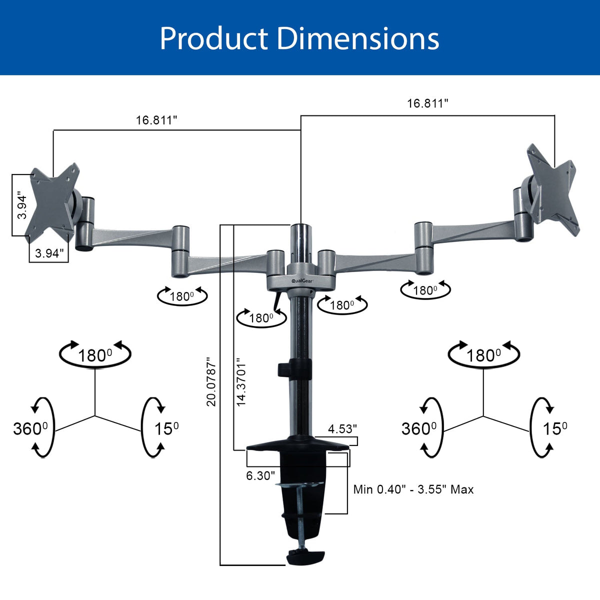 QualGear 3-Way Articulating Dual Monitor Desk Mount – 13-32", Silver