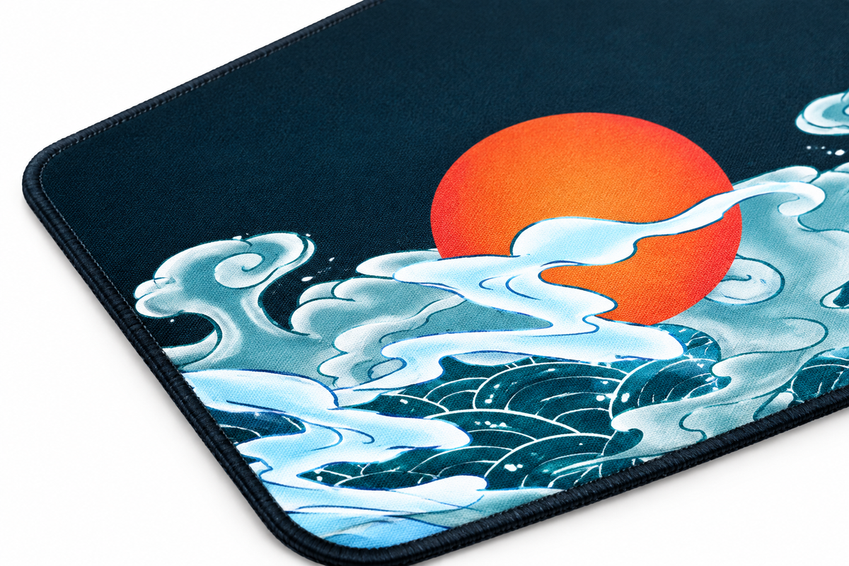 Close-up of custom print mousepad surface showing smooth fabric texture and vibrant graphic print